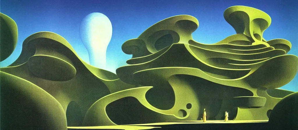 Image similar to huge gargantuan angular building by escher and ricardo bofill. utopian landscape by roger dean. magical realism, surrealism, waterfalls, clouds, trending on artstation, shot from below, epic scale