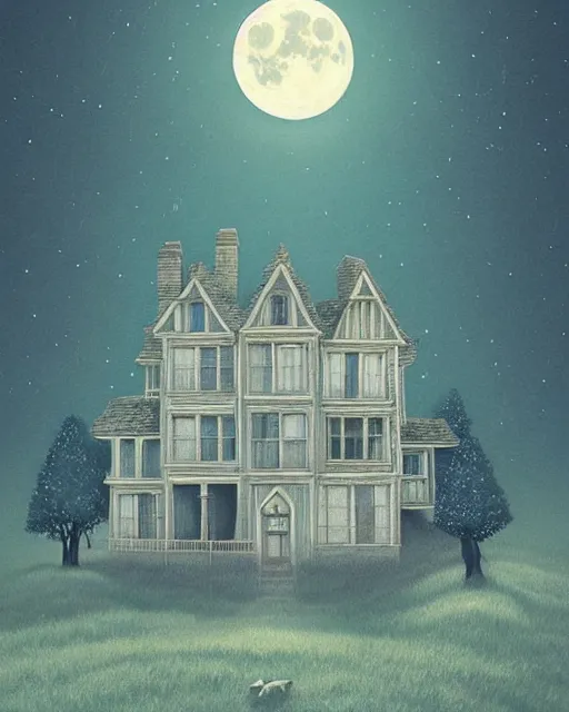 Image similar to beautiful painting of a serene moon at night over a elven house, art by mike winkelmann, sky night, illustration, highly detailed, simple, smooth and clean vector curves, no jagged lines, vector art, smooth, artstation