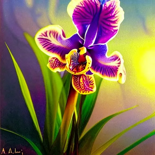 Image similar to detailed surreal holographic orchid iris hybrid flower with lsd dew drops on petals, backlit, sunset, refracted lighting, photorealistic, soft, sharp focus, art by collier, albert aublet, krenz cushart, artem demura, alphonse mucha