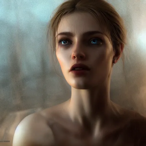 Prompt: photo of an incredibly beautiful woman with amazing eyes from another place, DSLR 8K, mid shot biblical art, realism, incomprehensible detail, silent hill aesthetic, photorealistic, hyperrealism, Unreal Engine, lifelike, Razaras of deviantart.com