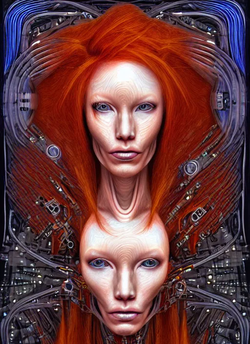 Prompt: biopunk ethereal ginger cyborg portrait by julie bell, intricate biopunk patterns, detailed!, very sharp!!!