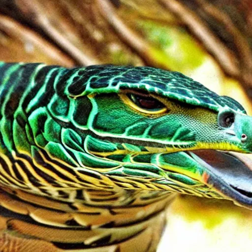 Image similar to hawk and anaconda morphed together, half anaconda half hawk, reptilian and avian features, real photo taken in zoo, highly detailed