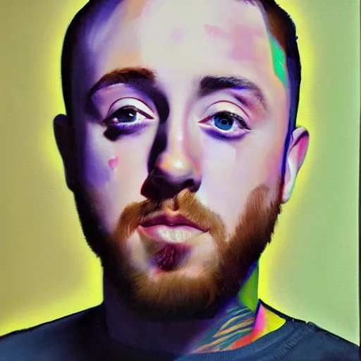 Image similar to Mac Miller oilpainting by Akihiko Yoshida, the brush strokes are visible and some of the paint is running down