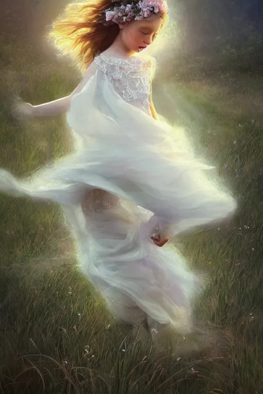 Image similar to very beautiful little girl dancing in the wind, beautiful face, ultradetailed, ethereal, flowers, beautiful wedding dress, gorgeous, volumetric lighting, elegant, digital painting, concept art, illustration, limited color palette, atmosphere and tension, art by greg olsen and liz lemon swindle