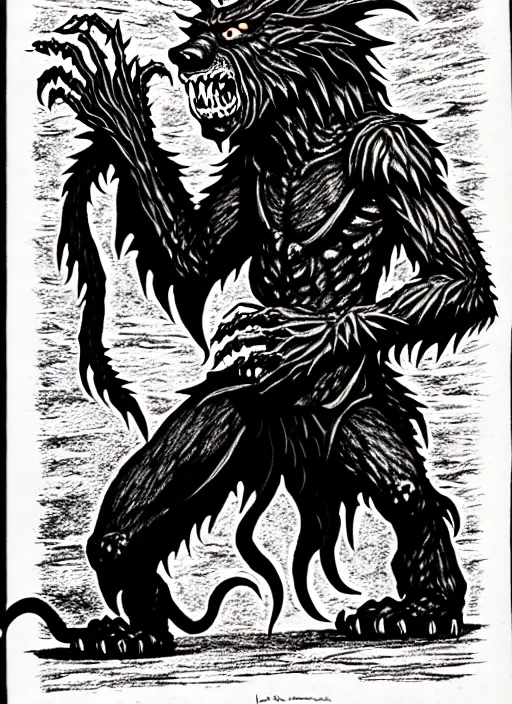 Image similar to a licorice werewolf as a D&D monster, full body, pen-and-ink illustration, etching, by Russ Nicholson, DAvid A Trampier, larry elmore, 1981, HQ scan, intricate details, Monster Manula, Fiend Folio