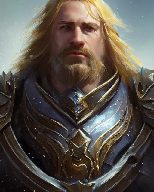 Image similar to portrait of arthas menethil, fantasy, intricate, sharp focus, lens flare, bloom, rim light, illustration, highly detailed, digital painting, concept art, matte, art by ruan jia. front view