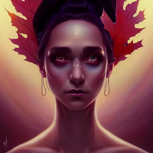 Image similar to beautiful stella maeve magician, in the style of peter mohrbacher, artgerm, tom bagshaw, realistic character concept, bird's eye overhead shot, elegant pose, spooky, illustration, symmetrical face and body, volumetric lighting, detailed realistic symmetrical eyes, 8 k, single face, insanely detailed and intricate elegant, autumn leaves