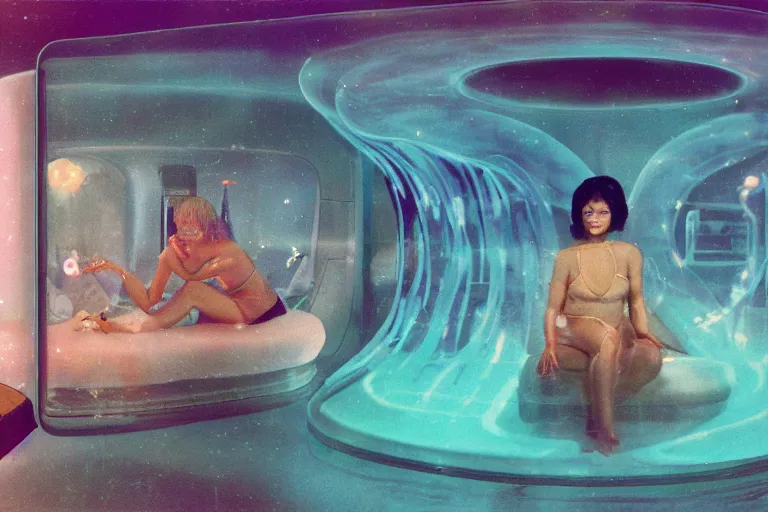 Prompt: high-angle view of a Inuit lush female jellyfish human hybrids wearing vacuum tube amp discowear with transparent digital number readout floating in front of face, sitting inside of an partially submerged 1970s luxury bungalow cabin with sunken floor and infinity mirror table, submersible vessel seamlessly rising through floor, operating soviet computer console on wall, ektachrome color photograph, volumetric lighting, off-camera flash, 24mm f8 aperture