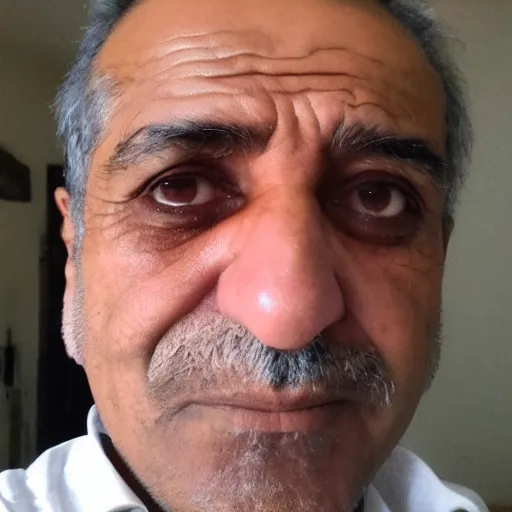 Image similar to my Kurdish dad accidentally taking a selfie with the front camera, squinting because the camera flash is so bright in his face, 4k uhd photo