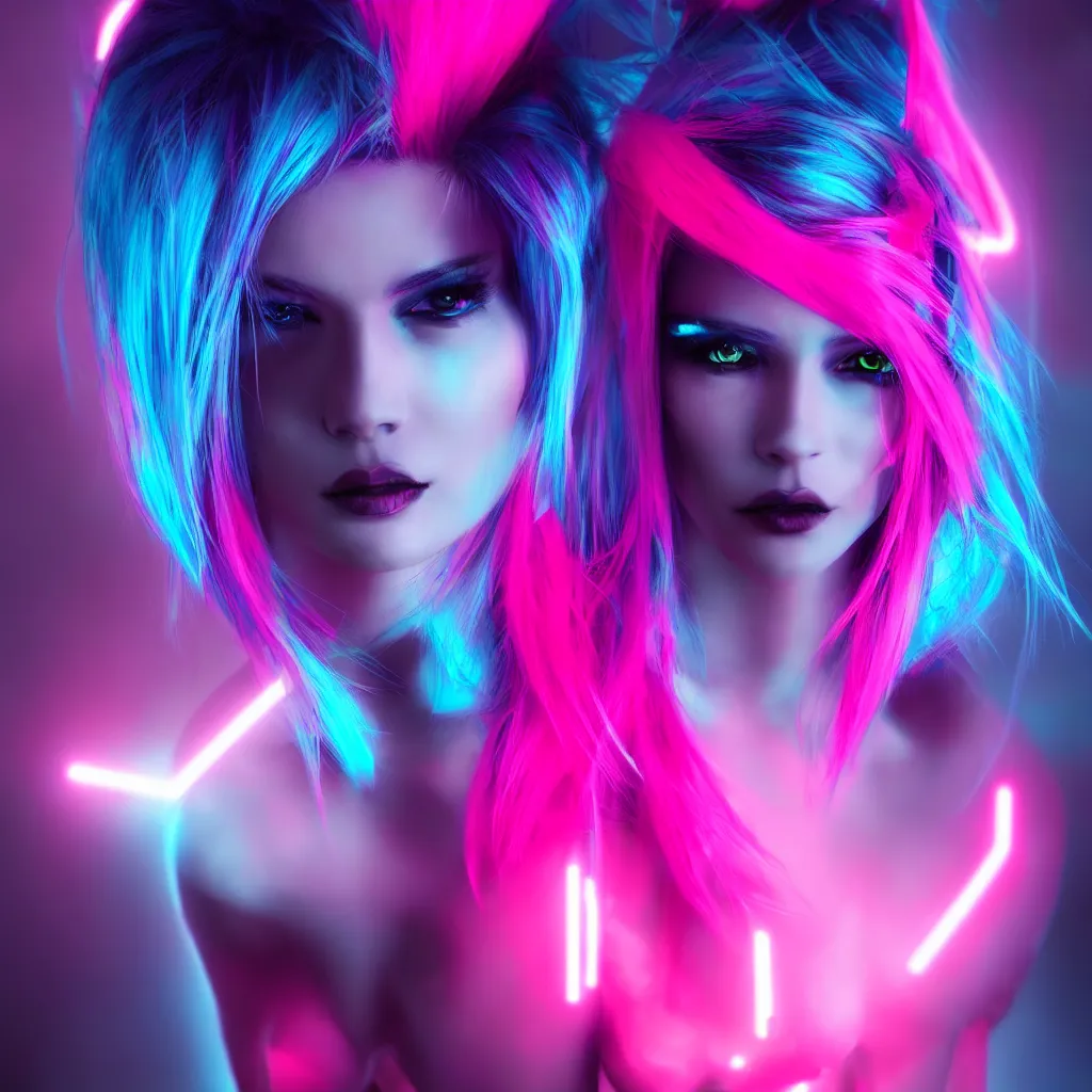 Image similar to A photo of a beautiful sultry looking woman with neon pink and blue hair in a futuristic style, dark and moody atmosphere, high quality sci-fi cyberpunk style hyperrealistic digital art