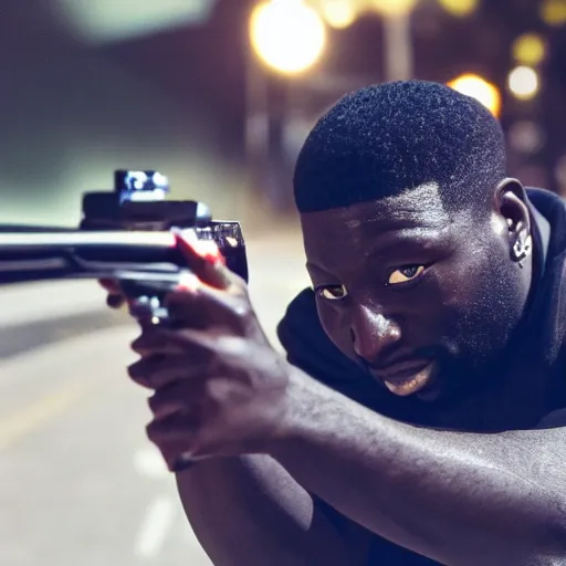 Image similar to angry gucci mane shooting and terrorizing people in the hood, 8k resolution, full HD, cinematic lighting, award winning, anatomically correct