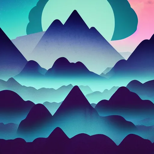 Prompt: aesthetic synthwave mountain between the clouds, moon, sharp focus, sharp, behance