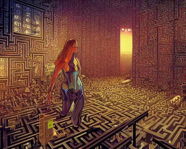 Prompt: interior of an underground maze within a large cyberpunk complex, girl waking up in bed in middle of room. pixelart, brutalism, volumetric lighting, 8 k, art by dan mumford, greg rutowski, johan grenier, wayne barlowe