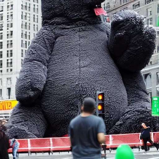 Prompt: a giant huge Godzilla teddy bear is destructing New York buildingds