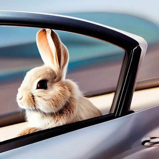 Prompt: a bunny driving a convertible, studio photo, high quality