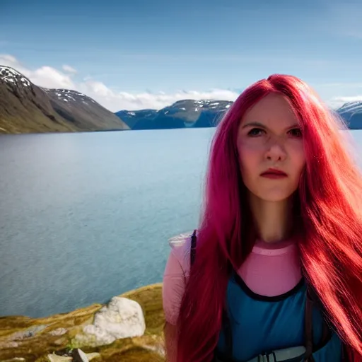 Image similar to a young woman with long pink hair, face front facing forward for a selfie, hiking clothes, tank top, norway, fjords in background, cinematic, beautiful, stunning, day time, epic, 8 k, 1 6 : 9