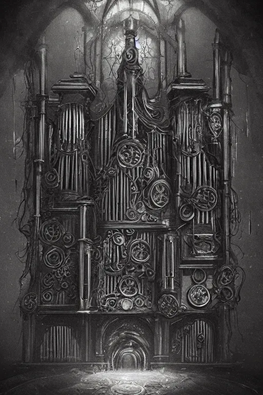 Prompt: ornate stone pipe organ drenched in black goop and machinery, lovecraftian, horror art, 4K, dark art, artstation, dramatic lighting,
