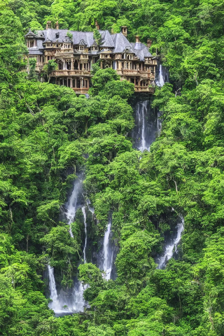 Image similar to a victorian mansion carved into a huge tree beside a waterfall in a dense jungle | cinematic