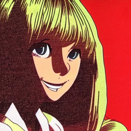 Prompt: still of France Gall in a 1960s anime, cel animation, in the style of Takahashi Macoto, very detailed