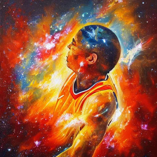 Image similar to An expressive oil painting of a basketball player dunking, depicted as an explosion of a nebula