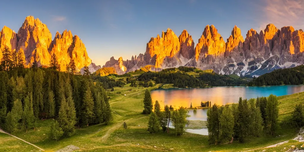 Prompt: a beautiful mountain landscape in italy on the dolomites, with a lake, warm sunset light