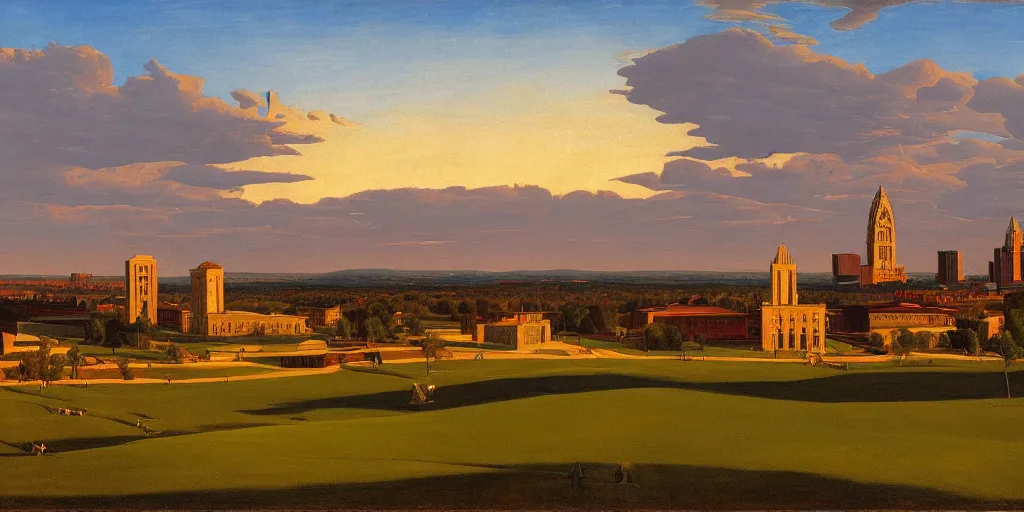 Image similar to a beautiful painting of Columbus Ohio by Rockwell Kent, golden hour, 8k, 4k