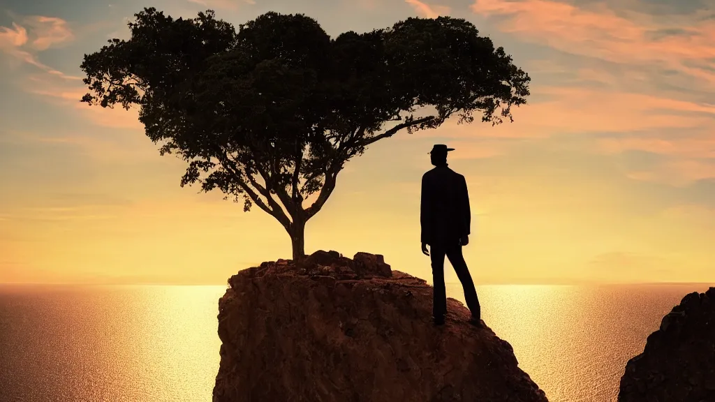 Image similar to a dramatic movie still of a man standing on the roof of a car parked on the edge of a tall cliff at a beautiful sunset, golden hour