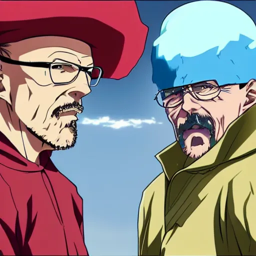 Image similar to an epic anime fight scene, walter white vs. gustabo.