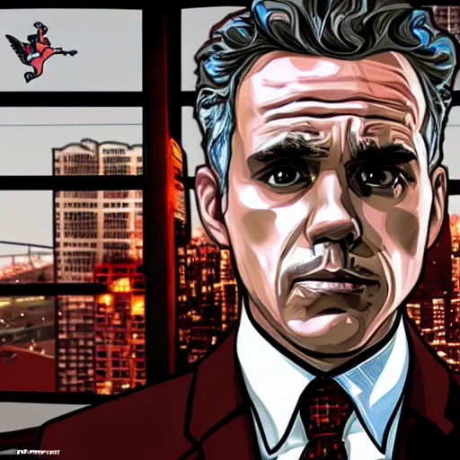 Image similar to jordan B peterson GTA cover art, highly detailed