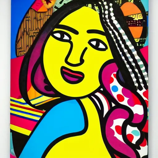 Image similar to Street art. A beautiful illustration of a young girl with long flowing hair, looking up at the stars. She appears to be dreaming or lost in thought. by Lee Krasner, by Romero Britto balmy