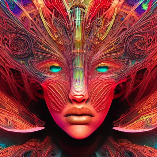 Image similar to Face of a Alien Deity, centered, corals, plume made of geometry, extremly detailed digital painting, sharp focus in the style of android jones, artwork of a futuristic artificial intelligence superstar with frames made of detailed circuits, mystical colors, rim light, beautiful lighting, 8k, stunning scene, raytracing, octane, under water visual distortion, dark tones colors, holographic feeling, trending on artstation