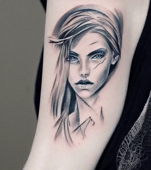 Image similar to tattoo design sketch of a beautiful blue - eyed woman face with a faded background of beautiful mountains and nature on her side, hyper - realistic, in the style of den yakovlev, amazing detail, black and white