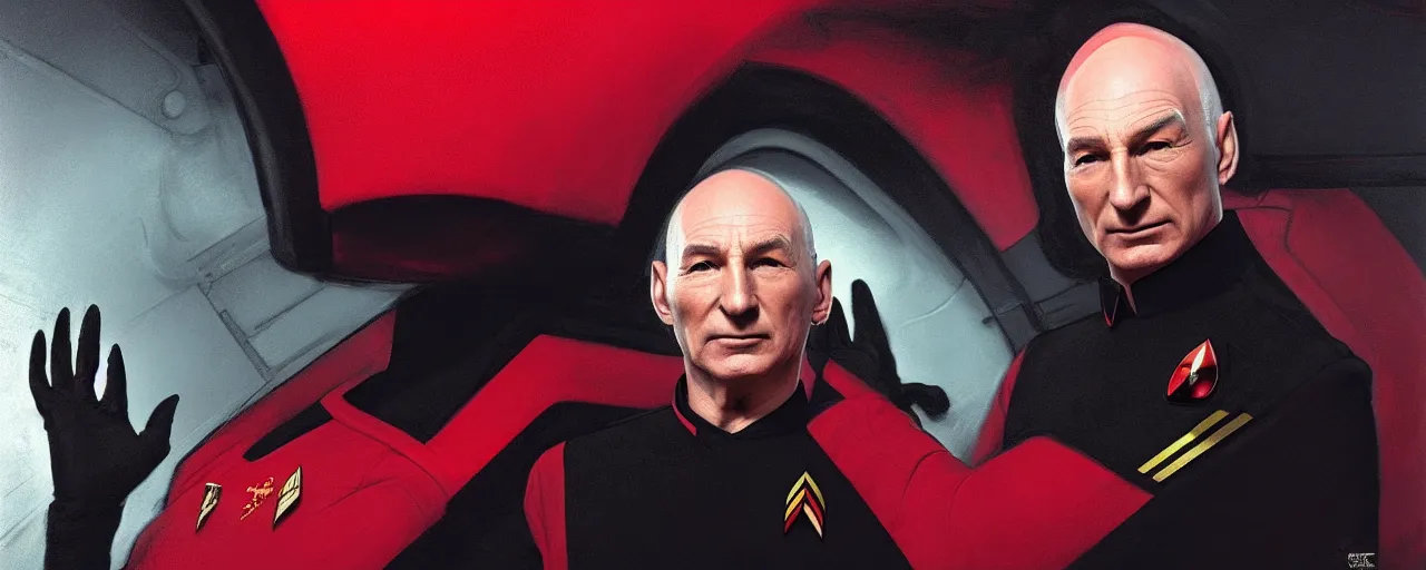 Image similar to duotone black and red concept 3 / 4 portrait of ( ( ( picard facepalm meme ) ) ) captain jean - luc picard with palm on his face inside uss enterprise. accidental renaissance. concept by stanley kubrick. sergey kolesov and ruan jia and heng z. graffiti art, scifi, fantasy, hyper detailed. octane render. trending on artstation