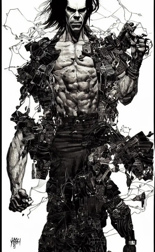 Image similar to full body portrait of nick cave with all the evil inside him, sumi - e lighting style, intricate linework, artstation, trending, highly detailed, smooth, focus, concept art by yoji shinkawa and glenn fabry, lee bermejo, gabriele dell'otto