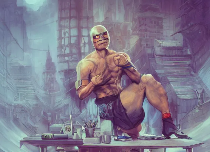 Image similar to an insanely detailed painting of an asian man wearing a homemade superhero costume, sitting at a desk, staring seriously at the computer and typing, in the style of peter mohrbacher, james jean, artgerm, dramatic lighting and composition, surreal background, octane render, pixar, trending on artstation, concept art, comic book, view from behind, 8 k