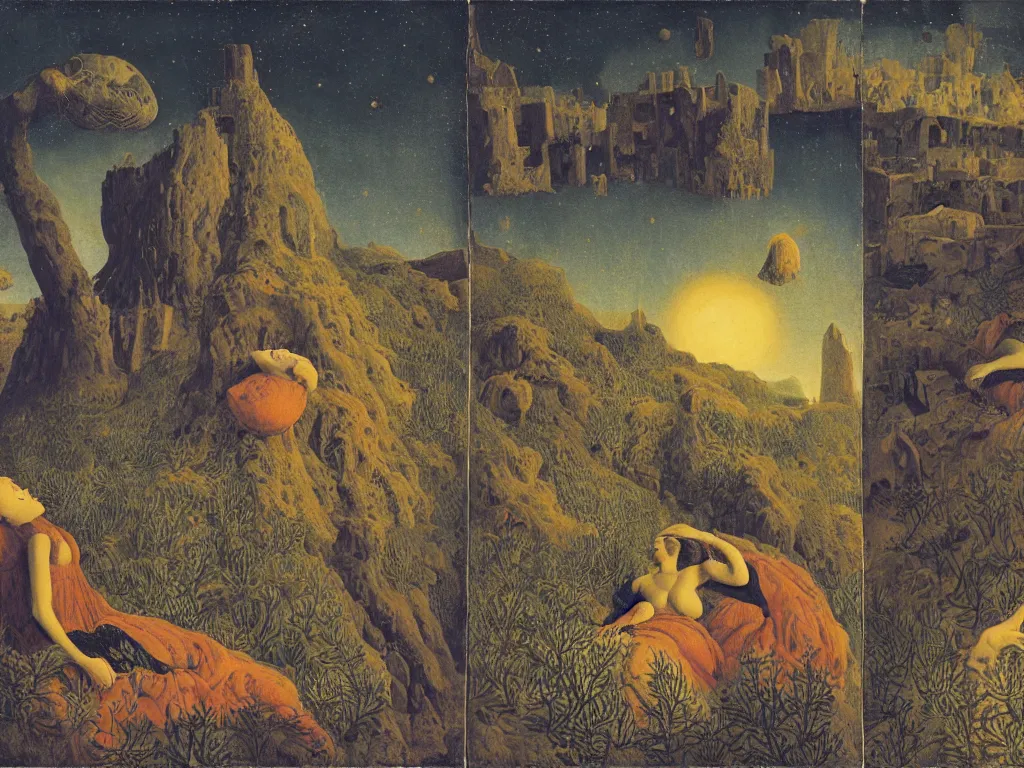 Prompt: Portrait of a sleeping pregnant woman thistles in the ruined acid eaten city. Aurora night, sweaty mountain, African mask. Constellations, meteor crater. Painting by Jan van Eyck, Agnes Pelton, Rene Magritte, Jean Delville, Max Ernst, Maria Sybilla Merian