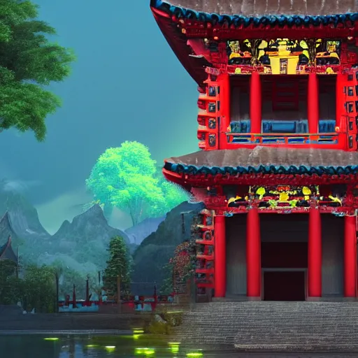 Prompt: a beautiful red asian temple with green details surrounded by torches of blue goblin fire, digital art, 4 k, trending on artstation, devianart and cgsociety