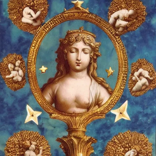 Prompt: Saint Woman, Putti, Venus, Athena, Sistina, baroque, marble and gold, stars, space, sun, pomegranade, pinecone, bronze