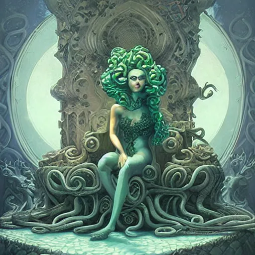 Prompt: lovely medusa in her throne room, realistic, intricate, highly detailed, peter mohrbacher