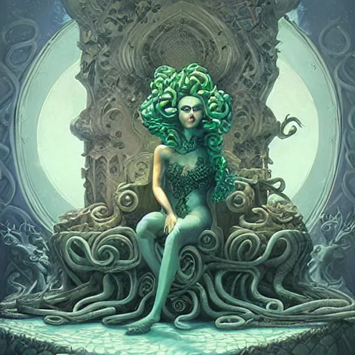 Fantasy image of the Greek goddess on the throne. Gorgon Medusa Stock  Illustration