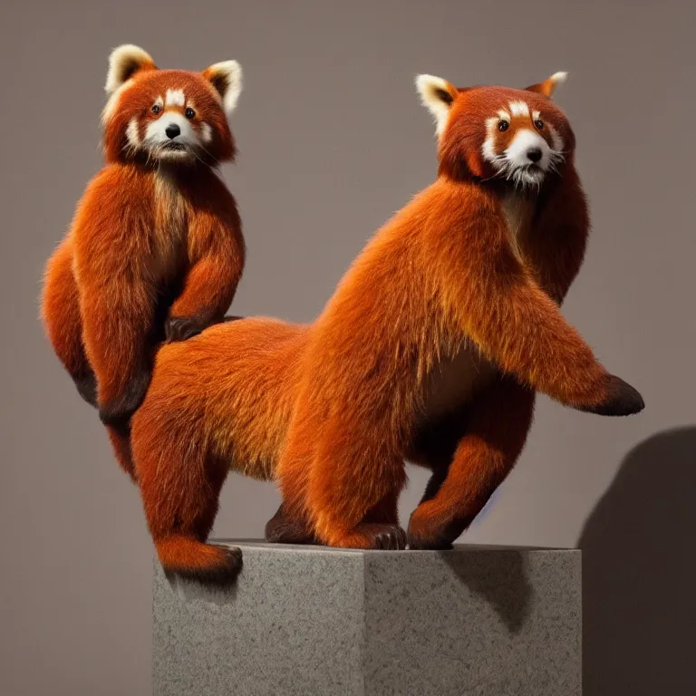 Image similar to hyperrealistic sculpture of a giant red panda fossil with some flesh attached on a pedestal by ron mueck and duane hanson and damien hirst, hyperrealistic dramatic colored lighting trending on artstation 8 k