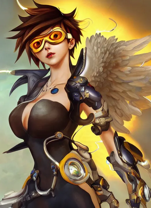 Prompt: full body oil painting of tracer overwatch in the style of mark brooks, angel wings, dramatic painting, symmetrical composition, wearing detailed ornate golden suit, high detail, gold detailed choker, angelic, lights, flowers, heavenly, bright, detailed face,