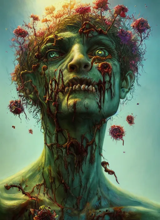 Prompt: zombie with flowers sprouting out of his body, in the style of tomasz alen kopera and fenghua zhong and peter mohrbacher, mystical colors, rim light, beautiful lighting, 8 k, stunning scene, raytracing, octane, trending on artstation