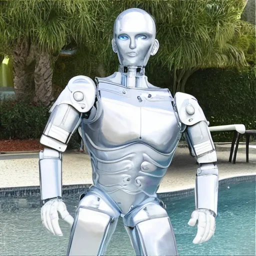 Image similar to twitch streamer / gamer ludwig, ice statue, blank stare, a realistic detailed photo of a guy who is an attractive humanoid who is half robot and half humanoid, by the pool, posing like a statue, showing off his muscles, made of ice, shiny skin, on display, who is a male android, humanoid robot