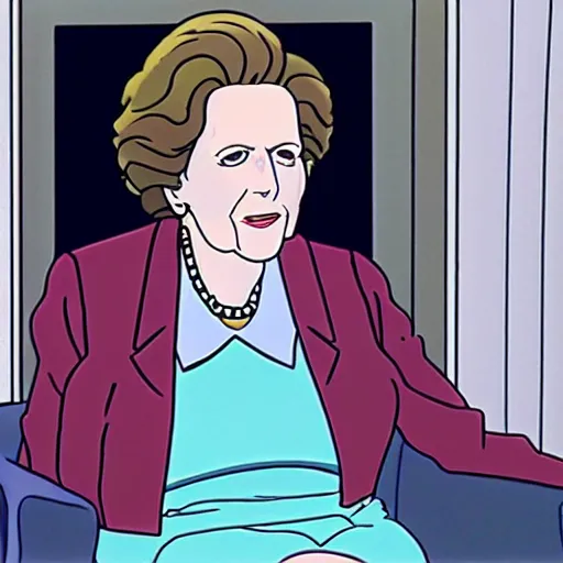 Prompt: A still of Margaret Thatcher in a 1990s anime