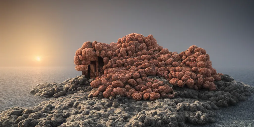 Image similar to hyper realistic, the house made of coral on a rocky seaside architecture, Hyper realistic, organic architecture, Future design, architecture design, environment, sunsett, foggy, Cinematography, mega scans,cinematic, a hybrid tech design, hyper realistic,photo real, cinematic composition, highly detailed, extremely realistic, Vray, corona render, 8K - H 1024