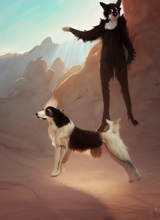 Image similar to beautiful wide angle full body portrait of a cute male anthropomorphic anthro border collie fursona in a desert, character design by charlie bowater, henry asencio, and ross tran, scenic background, detailed, glamor pose, aesthetic, furry, trending on artstation, furaffinity, deviantart