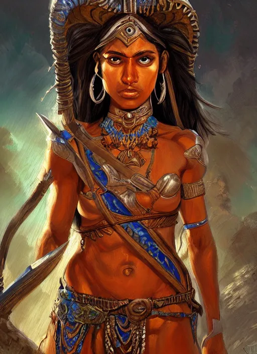 Prompt: highly detailed painting of a warrior goddess maldivian, tan skin, blue - eyes, high fantasy, dungeons and dragons art by jon foster trending on artstation