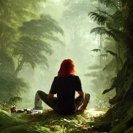 Image similar to a red-haired long-haired teenage boy sitting at a computer, jungle around him, painting by Greg Rutkowski, smooth sharp focus, point of view from behind him