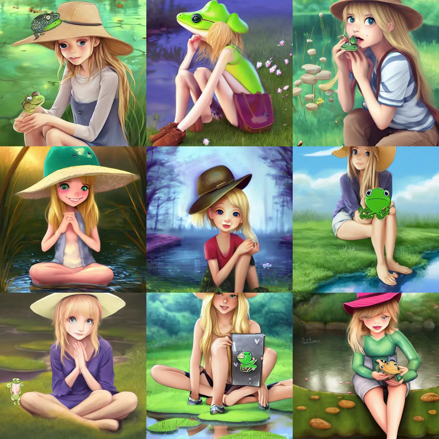 Prompt: cute blonde girl wearing a frog! hat, sitting by a pond, surrounded by lots of little frogs, trending on artstation, award winning, digital art, 2 d, highly detailed, very calm and wholesome, illustration, realistic, cartoony, shoujo, anime